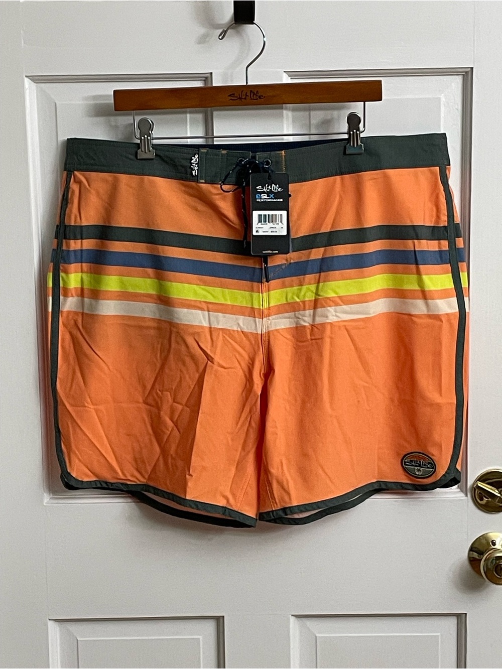 Salt Life Orange Striped Board Shorts with Lime and Navy Accents